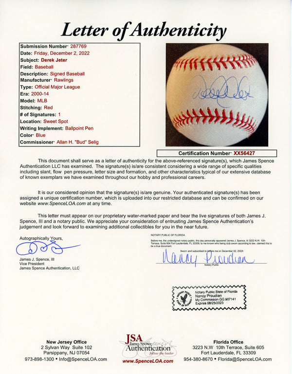 Derek Jeter Autographed Official Major League Baseball (JSA)