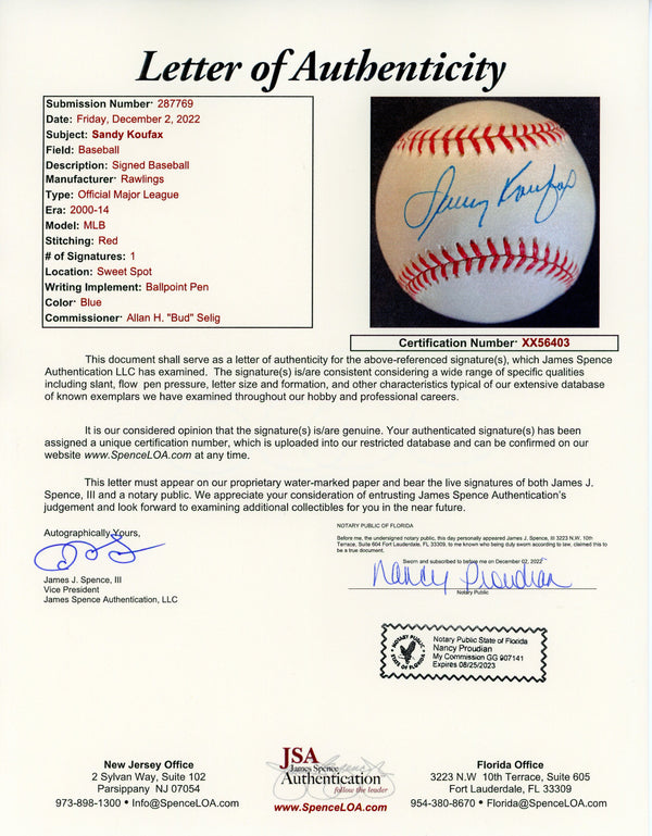 Sandy Koufax Autographed Official Major League Baseball (Online Authentics & JSA)