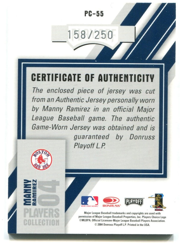 2004 Manny Ramirez Donruss Players Collection 04 Authentic Game Worn Jersey Card 158/250  #PC-55