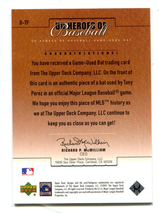 Tony Perez 2001 Upper Deck Heroes Of Baseball #BTP Bat Card