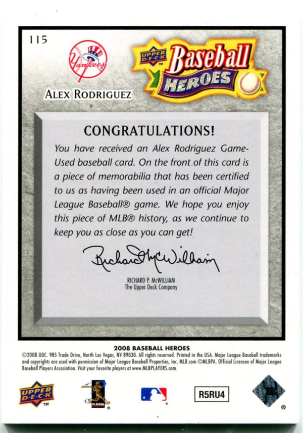 Alex Rodriguez Upper Deck Baseball Heroes Jersey Card