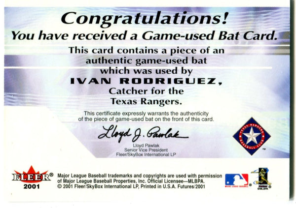 Ivan Rodriguez 2001 Fleer Futures Bats to The Future Bat Card