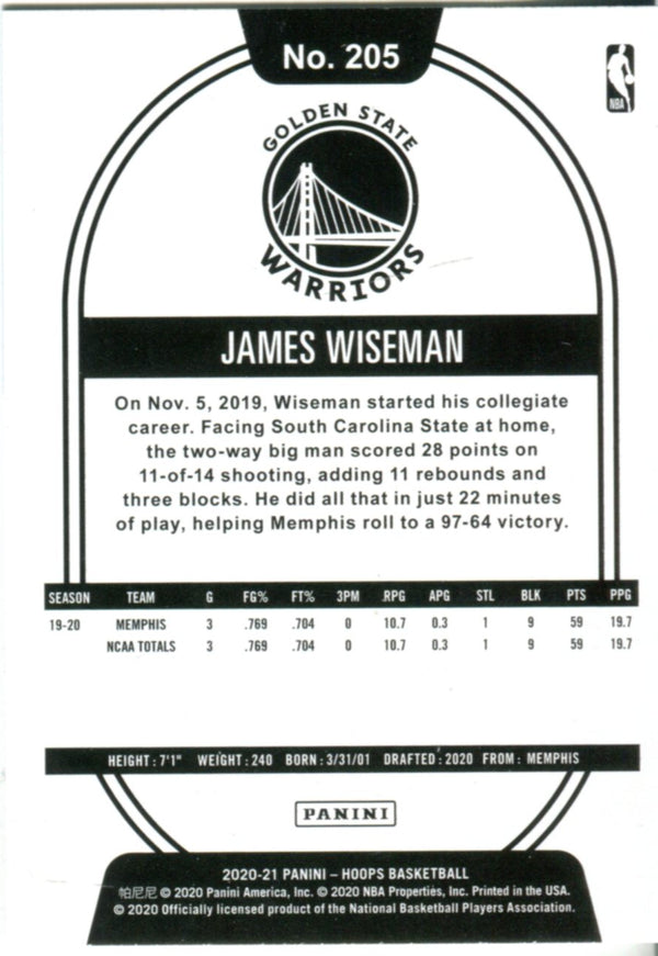 James Wiseman 2020 Hoops Rookie Card