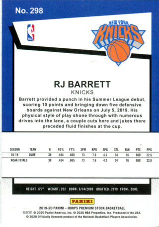 RJ Barrett 2019 Hoops Premium Stock Rookie Card