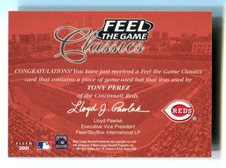 Tony Perez 2001 Fleer Feel The Game Classics Bat Card