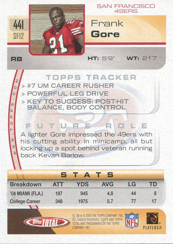 Frank Gore 2005 Topps Total Rookie Card