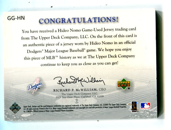 Hideo Nomo 2003 Upper Deck Game Face Gear #GGHN Bat Card