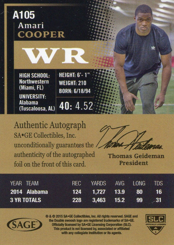 Amari Cooper Autographed 2015 Sage HIT Rookie Card 62/250