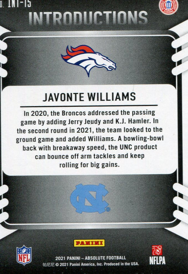 Javonte Williams 2021 Panini Absolute Rookie Card