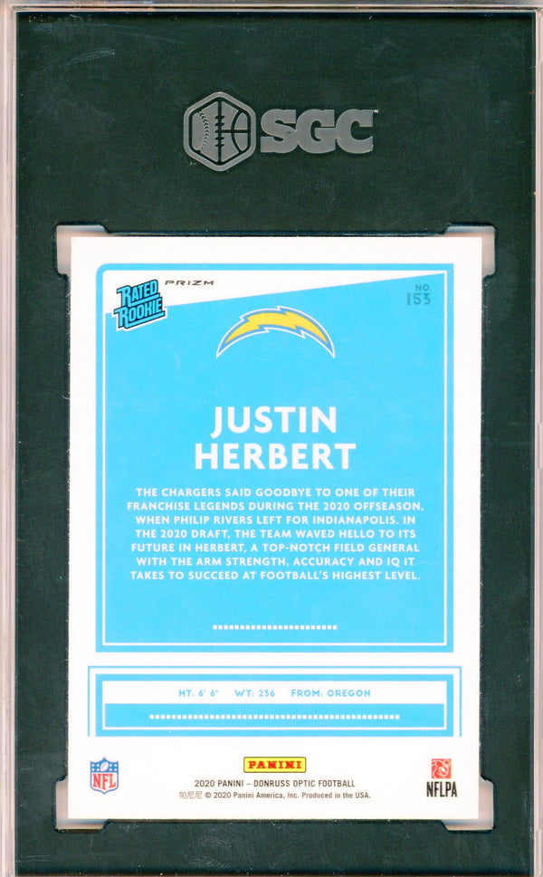 Justin Herbert 2020 Panini Donruss Optic Rated Rookie Holo Prizm Card #153 (SGC)