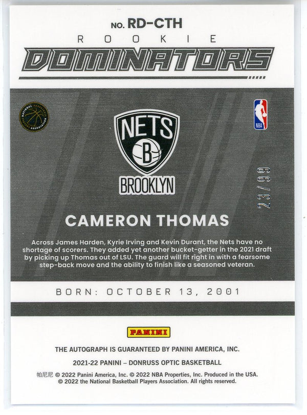 Cameron Thomas Autographed 2021-22 Panini Donruss Optic Dominators Rookie Card #RD-CTH