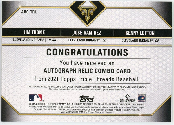 Jim Thome, Jose Ramirez & Kenny Lofton Autographed 2021 Topps Triple Threads Game Used Card