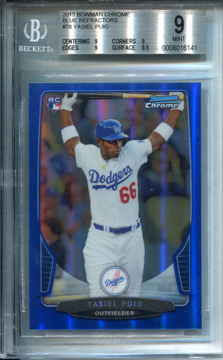 Yasiel Puig 2013 Bowman Chrome Blue Refractor Rookie Card Beckett 9