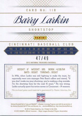 Barry Larkin 2012 Panini Jersey Card #47/49