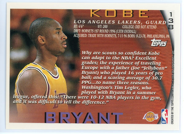 Kobe Bryant 1996-97 Topps Rookie Card #138