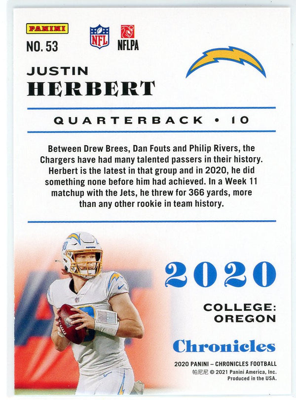 Justin Herbert 2020 Panini Chronicles Rookie Card #53