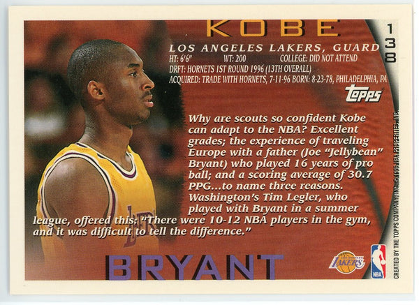 Kobe Bryant 1996-97 Topps Rookie Card #138