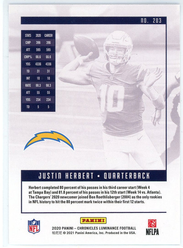 Justin Herbert 2020 Panini Chronicles Luminance Rookie Card #203