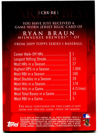 2009 Ryan Braun Upper Deck Career Best Authentic Jersey Card