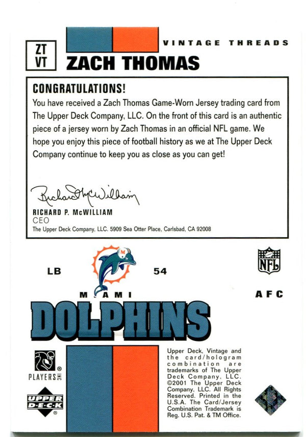 Zach Thomas Upper Deck Vintage Threads Jersey Card