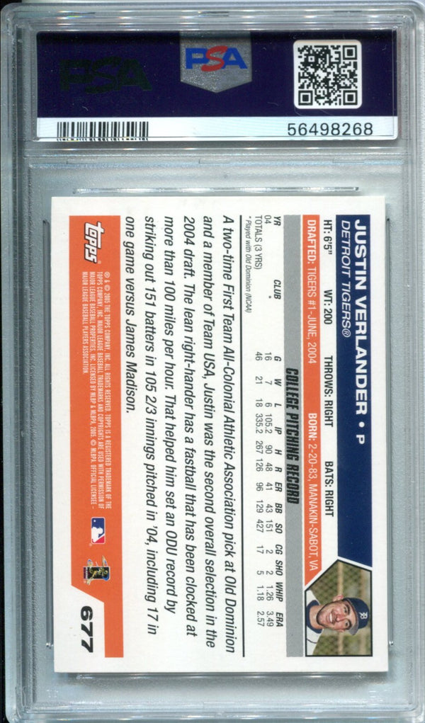 Justin Verlander 2005 Topps #677 PSA Mint 9 Card