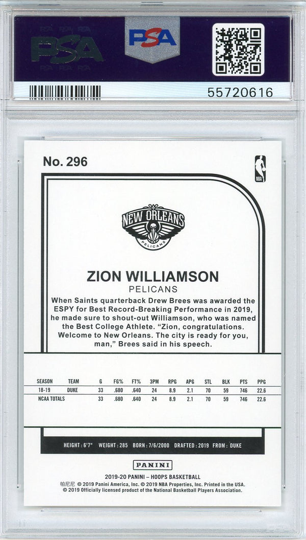 Zion Williamson 2019 Panini Hoops Rookie Card #296 (PSA)