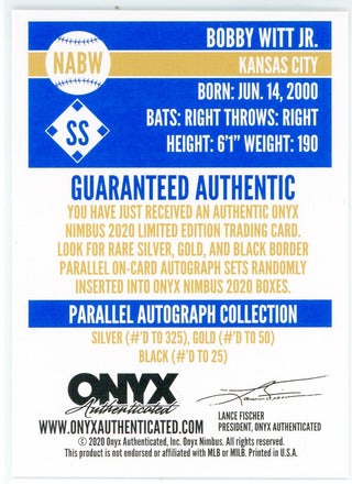 Bobby Witt Jr. Autographed 2020 Onyx Nimbus Rookie Card #NABW