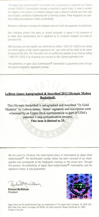 LeBron James "2x Gold Medalist" Autographed Molten Basketball (UDA)