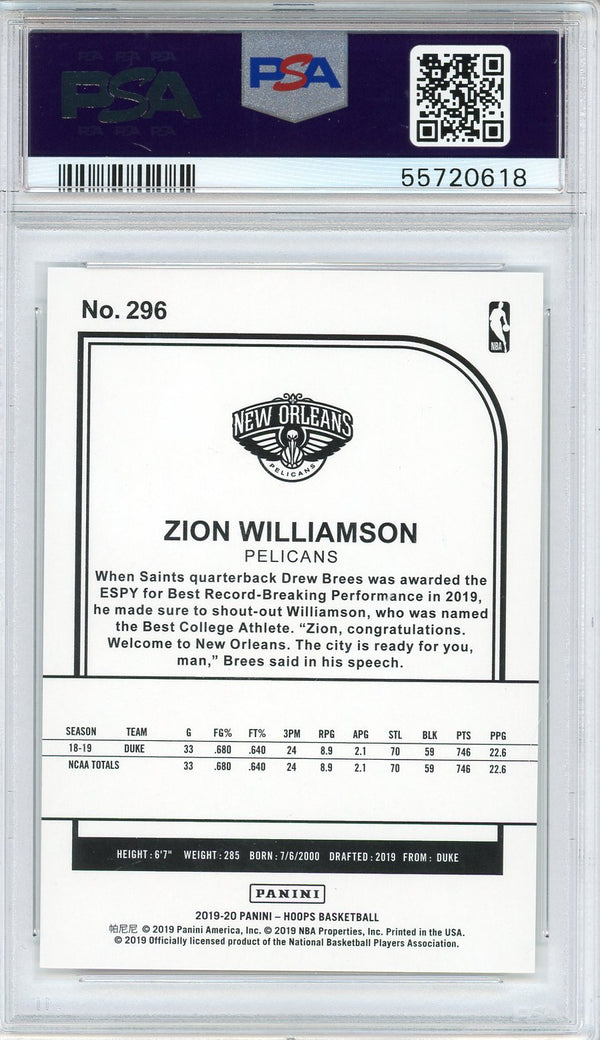 Zion Williamson 2019 Panini Hoops Rookie Card #296 (PSA)