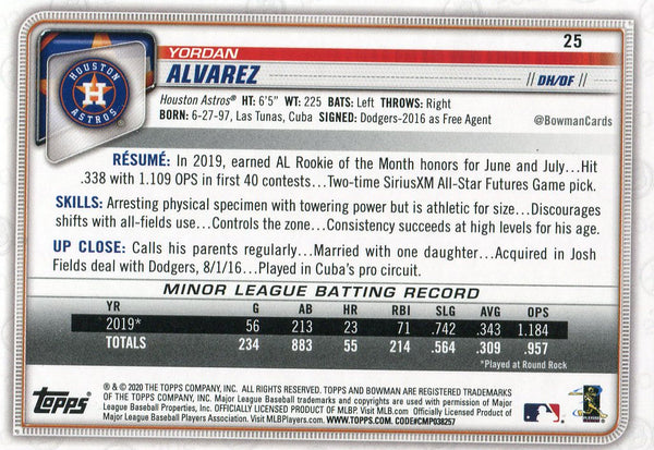 Yordan Alvarez 2020 Bowman Rookie Card #25