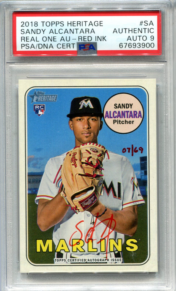 Sandy Alcantara 2018 Topps Heritage Real One Auto Red Ink (PSA) AUTH Auto 9 Card