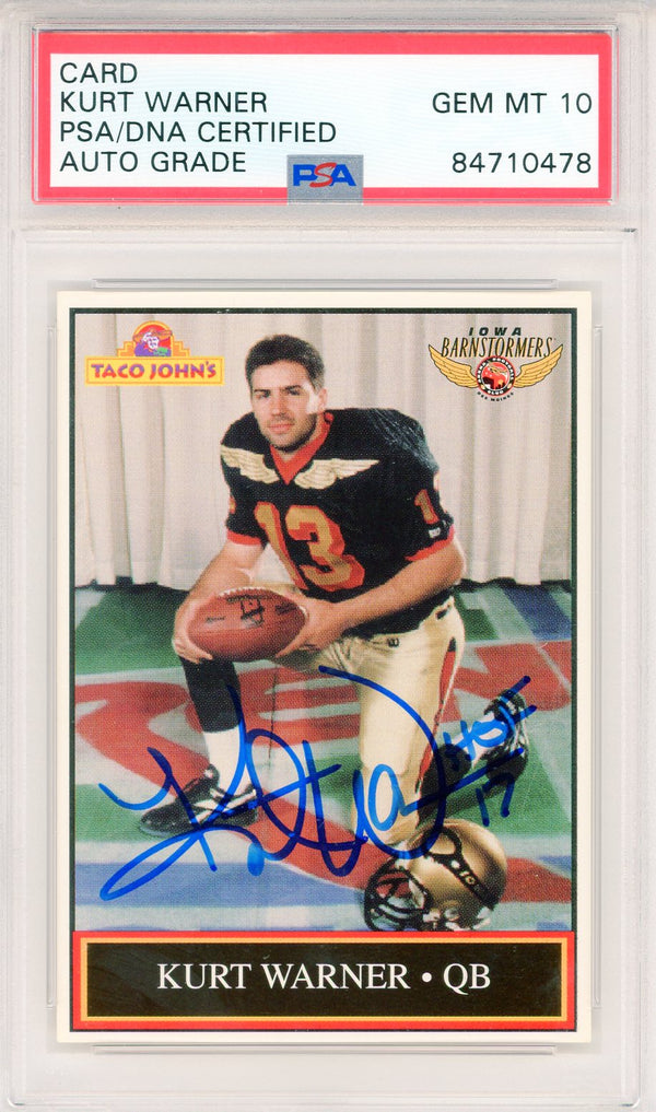 Kurt Warner "HOF 17" Autographed 1995 Taco John's Iowa Barnstormers Card #13 (PSA Auto GEM MT 10)