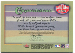 Willie Stargell Authentic Game Used Bat Dave Parker Authentic Game Worn Jersey Duel Card Fleer October Legends