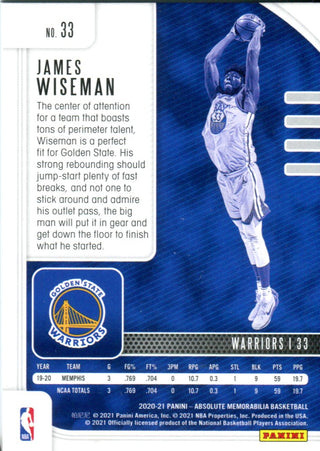 James Wiseman 2020 Panini Absolute Rookie Card #33