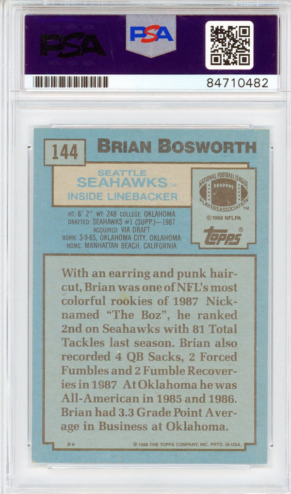 Brian Bosworth Autographed 1988 Topps Card #144 (PSA Auto GEM MT 10)