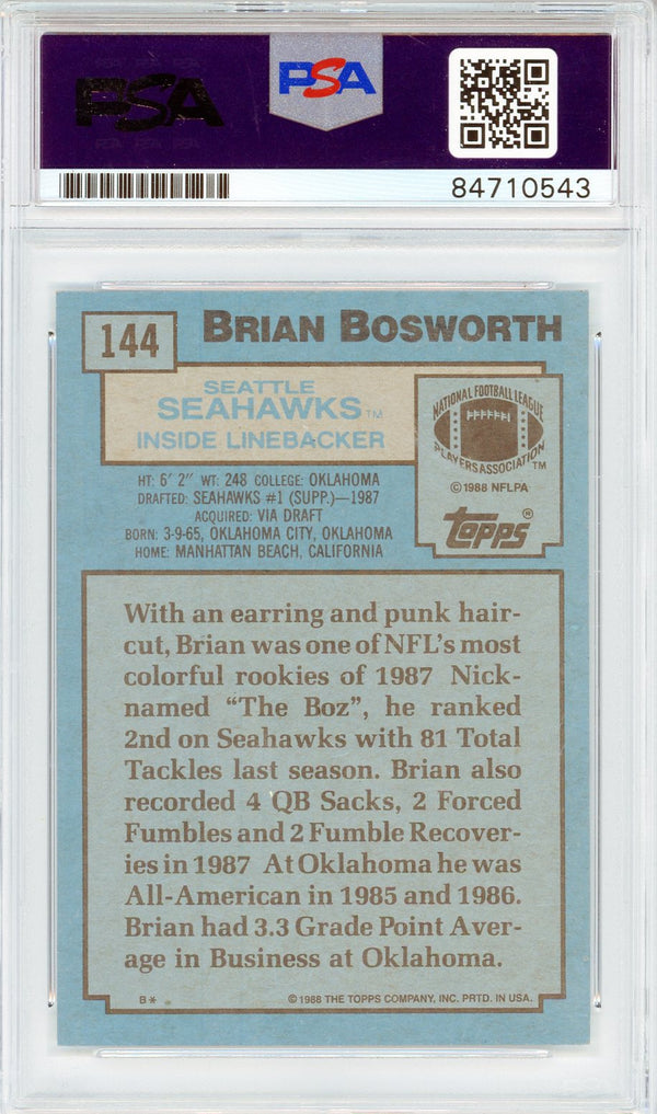 Brian Bosworth "The Boz" Autographed 1988 Topps Card #144 (PSA Auto GEM MT 10)