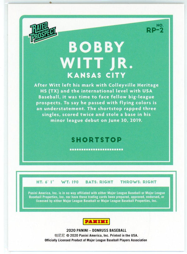 Bobby Witt Jr. 2020 Panini Donruss Rated Prospect Bronze Card #RP-2