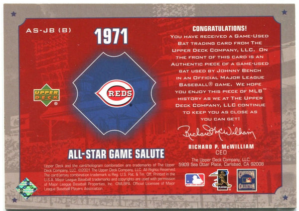 Johnny Bench 1971 All Star Game Salute Upper Deck Used Bat Card