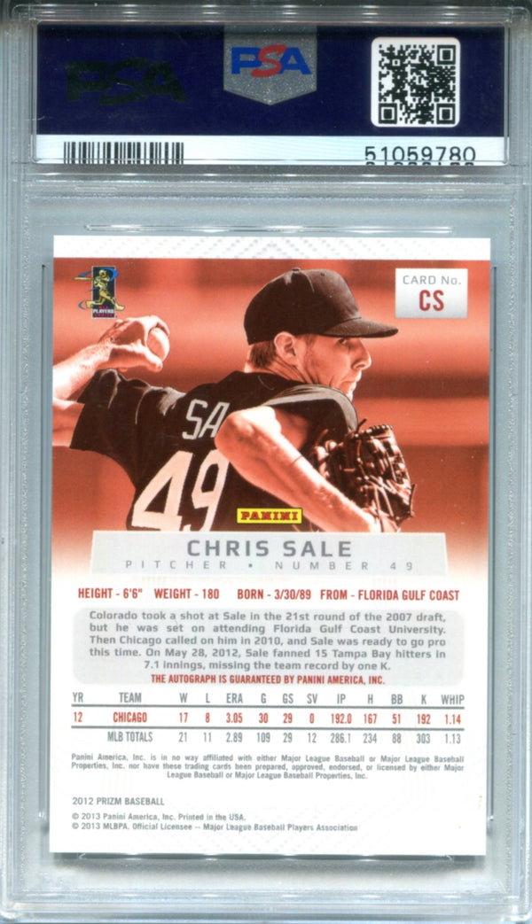 Chris Sale Autographed 2012 Panini Prizm Card PSA 10 Auto 10