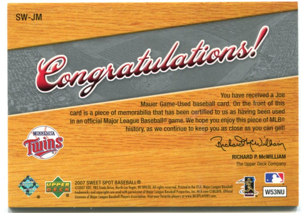 Joe Mauer Sweet Swatch Memorabilia Authentic Game Worn Jersey Card