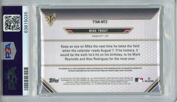 Mike Trout Autographed 2021 Topps Triple Threads Gold Relics Jersey Card #TTARMT2 (PSA)