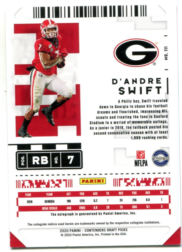 D'Andre Swift 2020 Panini Contenders College Ticket Auto Red Cracked Ice #1 Card /15