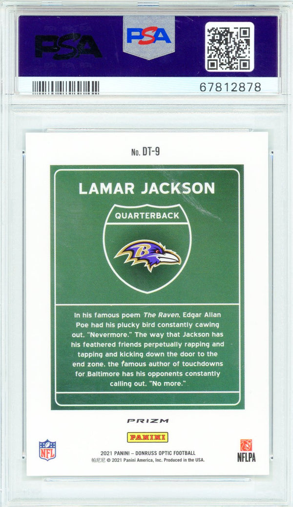 Lamar Jackson 2021 Panini Donruss Optic Downtown Card #DT9 (PSA Gem MT 10)