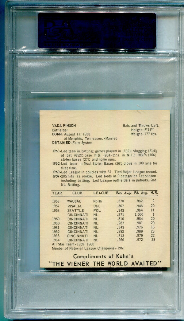 Vada Pinson 1965 Kahn's Unsigned Card (PSA)