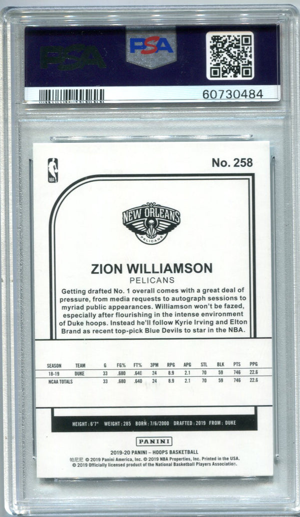 Zion Williamson 2019 Panini Hoops #258 Teal Explosion PSA GEM MT 10