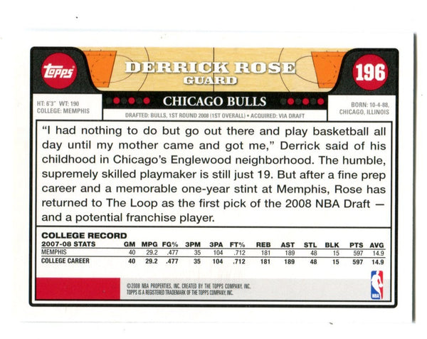 Derrick Rose 2008 Topps Unsigned Rookie Card #196