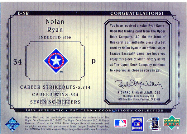 Nolan Ryan 2001 Upper Deck Game Used Bat Card