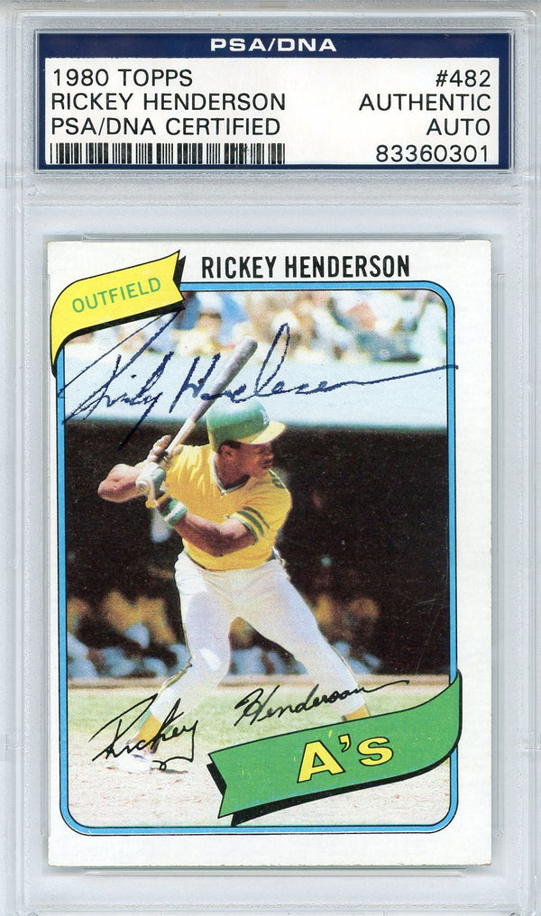 Rickey Henderson Autographed 1980 Topps Rookie Card #482 (PSA)