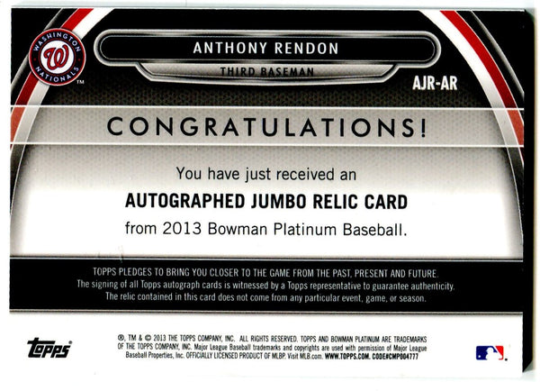 Anthony Rendon 2013 Bowman Platinum Autographed Jumbo Relic Card #123/199