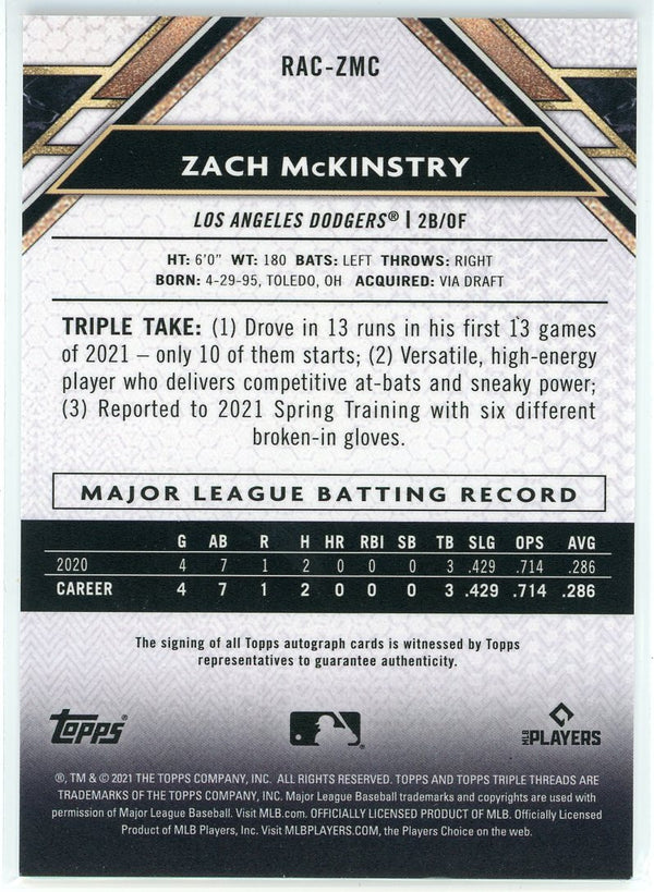 Zach McKinstry Autographed 2021 Topps Triple Threads Rookie Card #RAC-ZMC